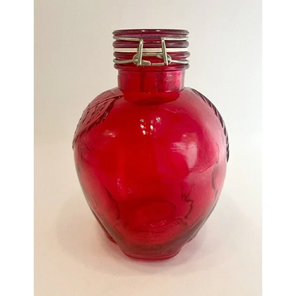 Cherry Red Glass Apple Canister 5.5” Jar with Wire Bail Lid Food Storage Craft